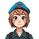 young woman with short light brown hair, blue eyes, wearing a bright blue beret with emblem and military uniform.