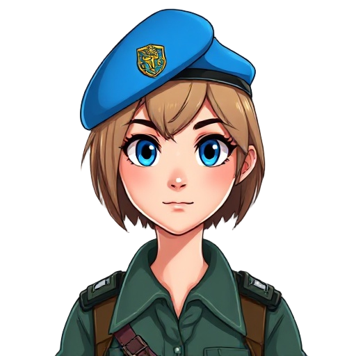 young woman with short light brown hair, blue eyes, wearing a bright blue beret with emblem and military uniform.