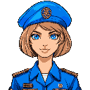 young woman with short light brown hair, blue eyes, wearing a bright blue beret with emblem and military uniform.