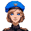 young woman with short light brown hair, blue eyes, wearing a bright blue beret with emblem and military uniform.