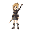 a blond girl with sword in back