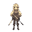 a blond girl with sword in back
