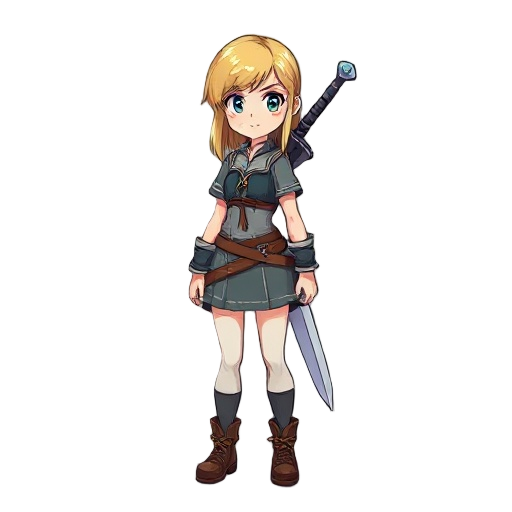 a blond girl with sword in back