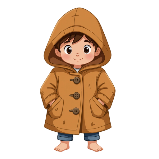 small child wearing a big hooded coat with large buttons, bare feet, and face mostly hidden by the hood. the coat looks slightly worn and oversized.