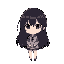 a modern chibi girl, full body and realistic proportions, with dark hairs falling to her elbows, small head, pale skin and her face partially covered by the hair and the shadow of her hair