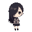 a modern chibi girl, full body and realistic proportions, with dark hairs falling to her elbows, small head, pale skin and her face partially covered by the hair and the shadow of her hair