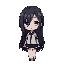 a modern chibi girl, full body and realistic proportions, with dark hairs falling to her elbows, small head, pale skin and her face partially covered by the hair and the shadow of her hair