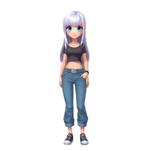 caucasian girl, with long white hair girl and bangs, blue eyes, baggy jeans and a crop top