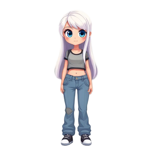 caucasian girl, with long white hair girl and bangs, blue eyes, baggy jeans and a crop top, pixeled
