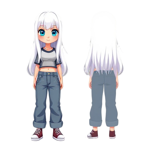 caucasian girl, with long white hair girl and bangs, blue eyes, oversized baggy jeans and a crop top, pixeled