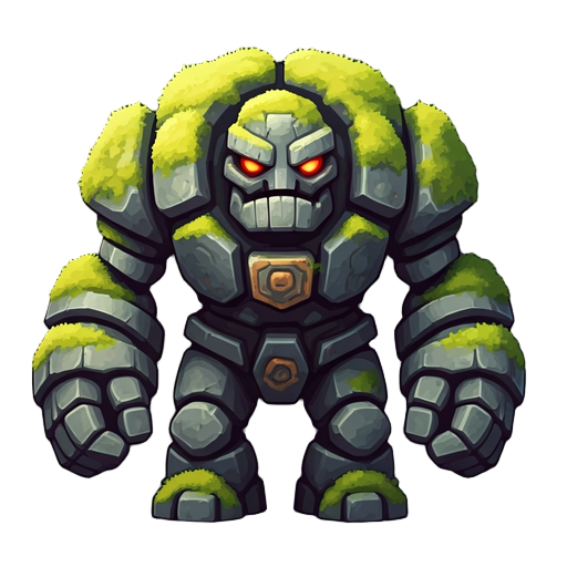 a moss-covered stone golem with glowing red eyes and a blocky, ancient design