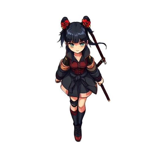 generete a girl cyberpunk and samurai, with animations, walk up, walk right, walk left, walk down