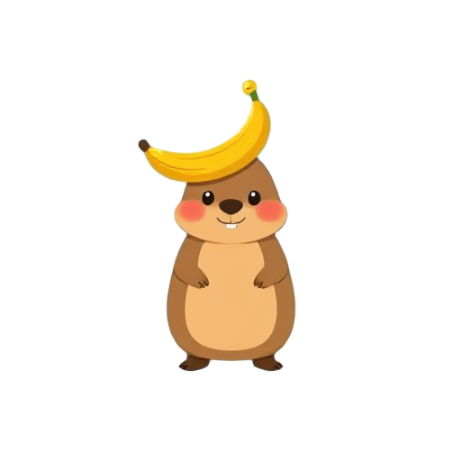 a groundhog with a banana on its head, a simple flat illustration style, vector art, a cute and friendly expression, a standing pose, a blue background, a simple design, clear lines, high resolution, 