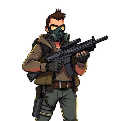 a man in a post-apocalyptic world with a machine gun and a gas mask