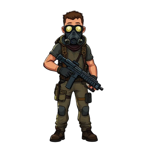 a man in a post-apocalyptic world with a machine gun and a gas mask