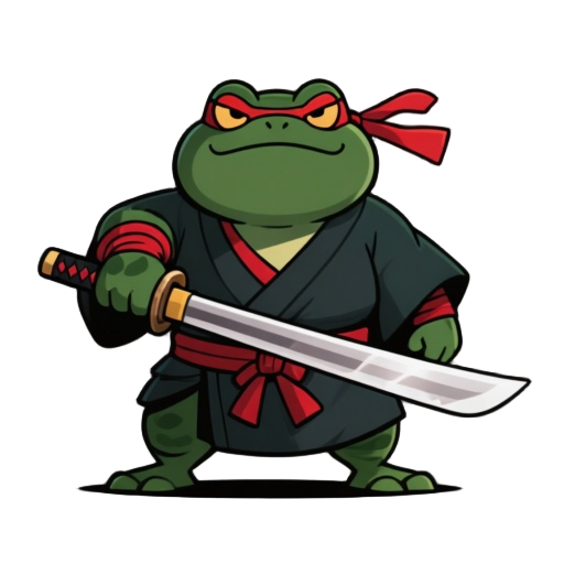chubby dark green ninja toad with red accents wielding a katana wearing a haori