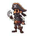 a 2d side view character of a pirate, designed for a platformer game. the pirate wears a tricorn hat, has a hook for a hand, and a wooden leg. stylized cartoon look with bold outlines and vibrant colo