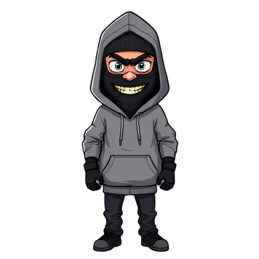 a man in a grey hoodie (hood up) over a black balaclava ski mask, revealing only staring eyes and a slightly creepy smile with yellow teeth. black fingerless gloves, black jeans, plain shoes. realisti