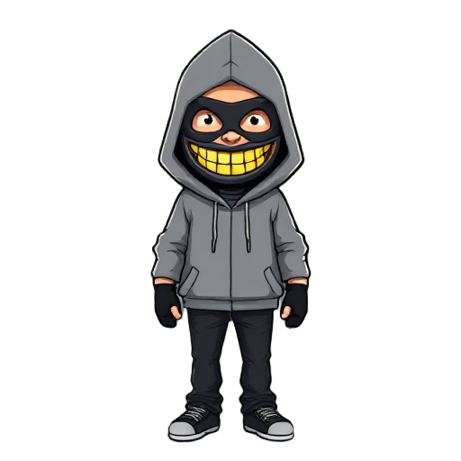 a man in a grey hoodie (hood up), ski mask wide yellow-toothed grin. wears black fingerless gloves, black jeans, plain shoes. realistic 8-bit art style.