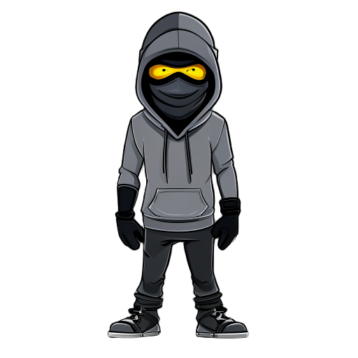 a man in a grey hoodie (hood up) over a black balaclava ski mask, revealing only staring eyes and a slightly creepy smile with yellow teeth. black fingerless gloves, black jeans, plain shoes. realisti