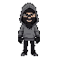 a man in a grey hoodie (hood up) over a black balaclava ski mask, revealing only staring eyes and a slightly creepy smile with yellow teeth. black fingerless gloves, black jeans, plain shoes. realisti