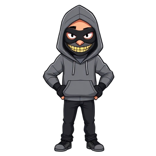 a man in a grey hoodie (hood up), ski mask showing only his eyes and a constant, slightly creepy smile with yellow teeth. eyes stare blankly. wears black fingerless gloves, black jeans, plain shoes. r