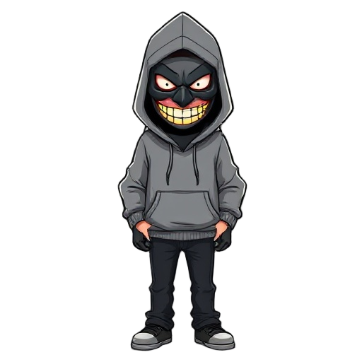 a man in a grey hoodie with the hood up, wearing a ski mask revealing only his eyes and a wide, creepy smile with yellow teeth. black jeans and plain shoes. menacing presence.          ask