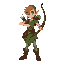 the character is a nimble forest elf archer: green tunic with leaf motifs, quiver of arrows, soft brown leather boots, and a wooden recurve bow. use clean pixel linework, vibrant earthy tones, and hig
