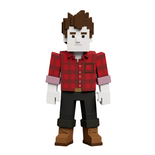 16x16 pixel art farmer with brown boots black pants red plaid shirt with rolled up sleeves white skin spiky brown hair 