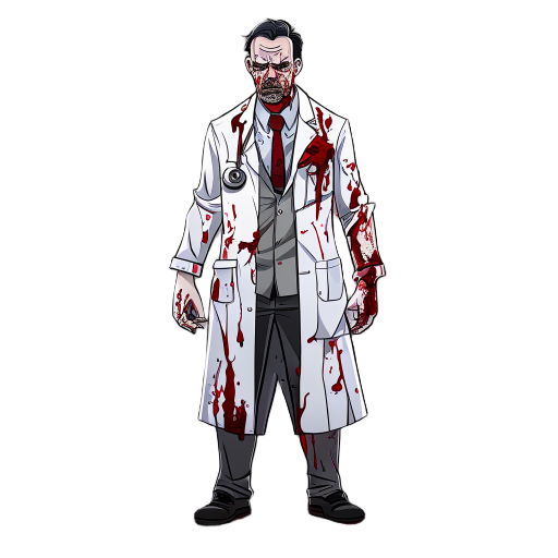 armed psychopathic doctor with a lab coat covered in blood.