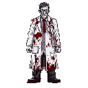 armed psychopathic doctor with a lab coat covered in blood.