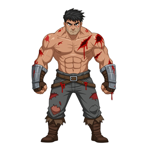 a shredded, battle-scarred warrior, blood dripping from fresh cuts across his torso. thick muscles, wide shoulders, defined abs, veins bulging. worn grey pants, no armor. dark, wild hair stuck to his 