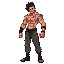 side-view: bloody, muscular warrior (wide shoulders, defined abs) in torn grey pants. fresh cuts across torso/arms. wild dark hair. clenched fists, battle stance. exhausted but ready