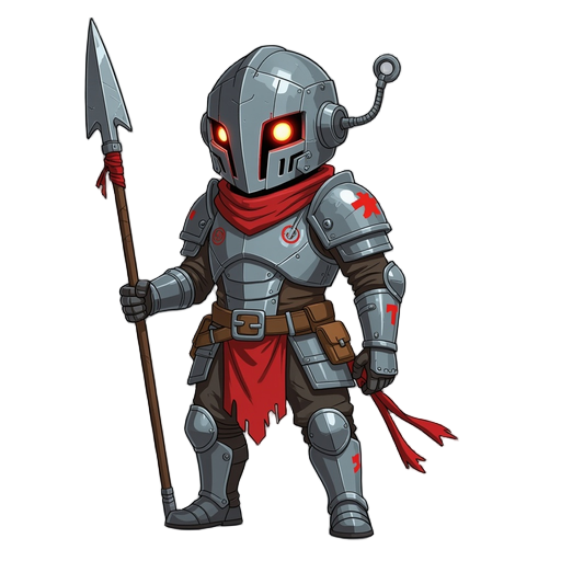 personaje de aspecto futurista y amenazante. lleva una armadura de metal con detalles rojos y un casco que cubre la mayor parte de su rostro, dejando solo visible un ojo mecánico. sostiene una lanza o vara larga en su mano derecha. su vestimenta parece es