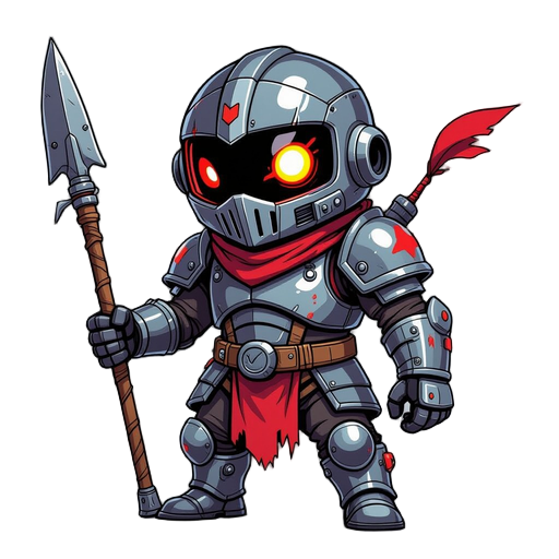 personaje de aspecto futurista y amenazante. lleva una armadura de metal con detalles rojos y un casco que cubre la mayor parte de su rostro, dejando solo visible un ojo mecánico. sostiene una lanza o vara larga en su mano derecha. su vestimenta parece es