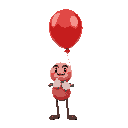 a red balloon floating with face smiling, kinda thick eyebrows, face and white gloves