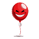 a red balloon floating with face sadistic smile face and white gloves