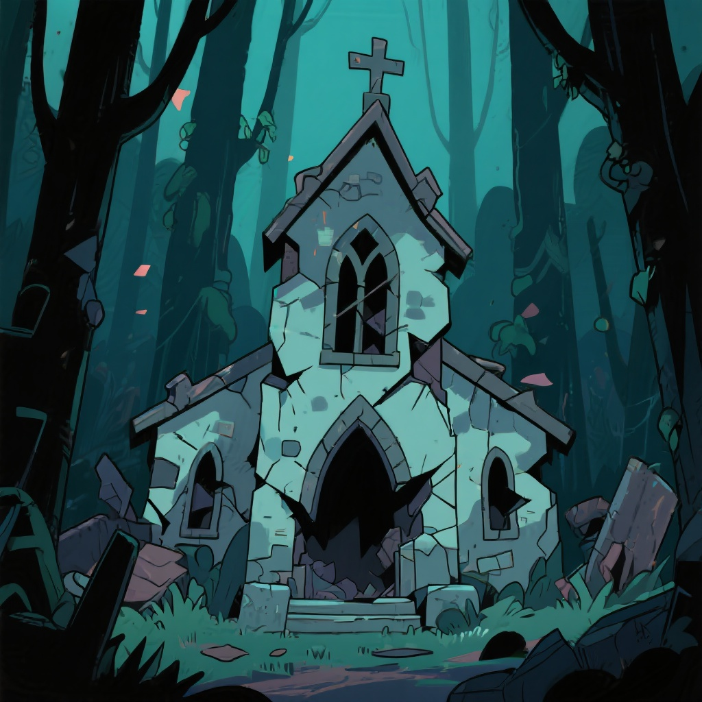 church destroyed in a dark forest