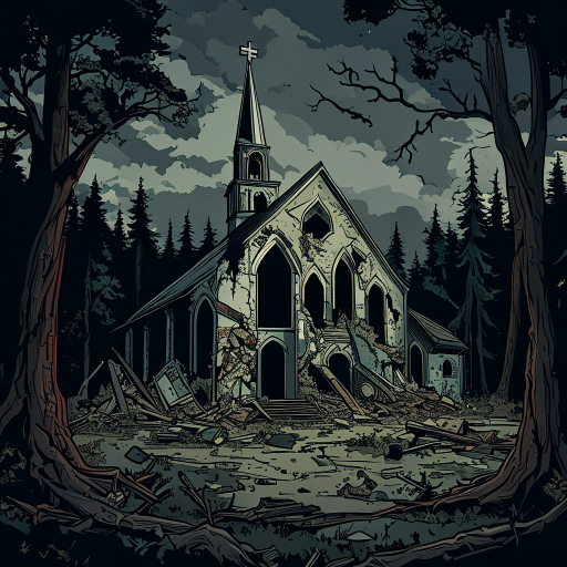 church destroyed in a dark forest