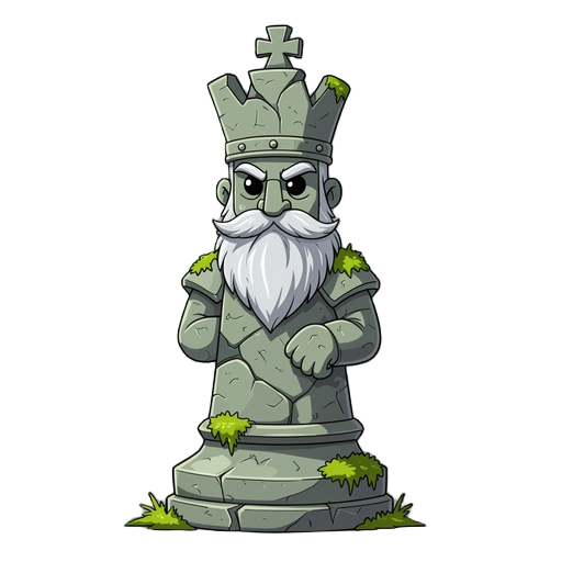 deteriorated stone chess king, with moss