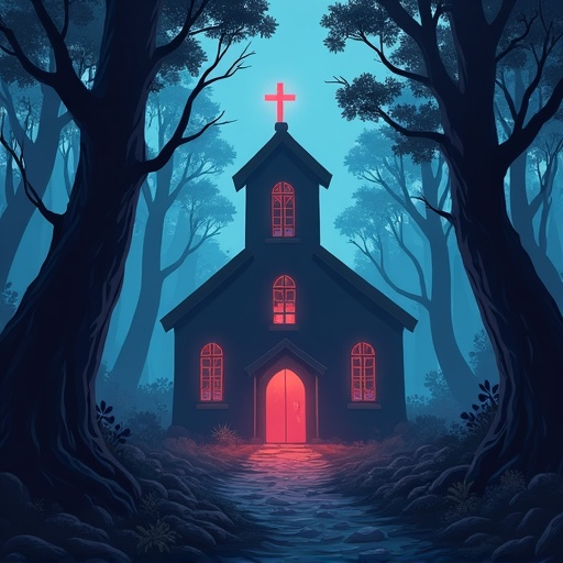 church destroyed in a dark forest