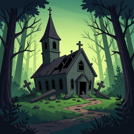 church destroyed in a dark forest
