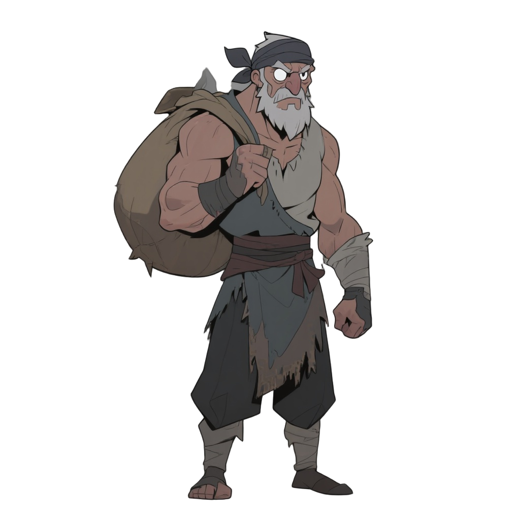 muscular old man with bandit's bandana, white eyes, grayish skin, tall, frayed peasant clothes, with a large sack over his shoulder.