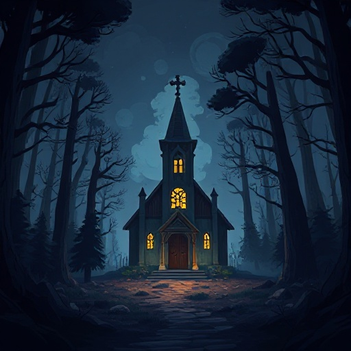 church destroyed in a dark forest
