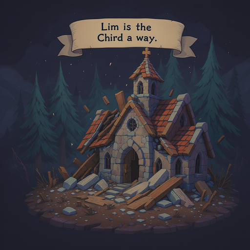 church destroyed in a dark forest