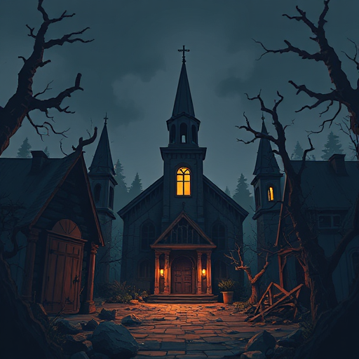 church destroyed in a dark forest