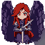 red-haired character with long hair, gray armor, purple skirt, holding a sword with a determined expression. setting: medieval castle, purple stone walls, dark and enclosed environment.