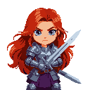 red-haired character with long hair, gray armor, purple skirt, holding a sword with a determined expression. setting: medieval castle, purple stone walls, dark and enclosed environment.in dinamic pose