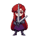 red-haired character with long hair, gray armor, purple skirt, holding a sword with a determined expression. setting: medieval castle, purple stone walls, dark and enclosed environment.