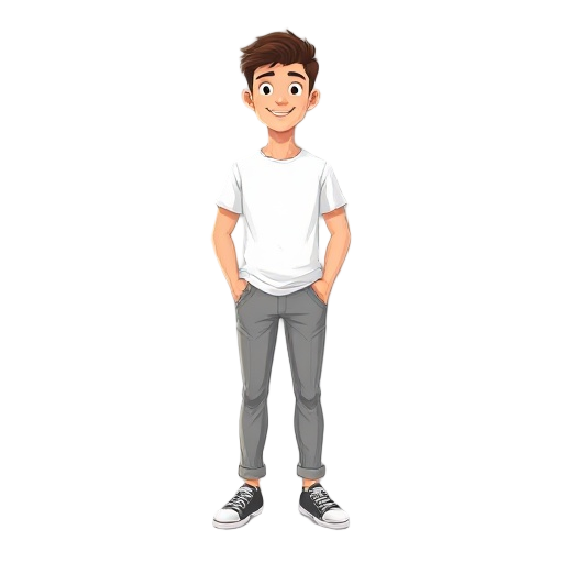 pixar-style full-body male avatar, age 25–30, healthy, friendly, neutral standing pose, stylized proportions. default outfit: plain t-shirt, simple pants, generic sneakers. high-quality, transparent background.